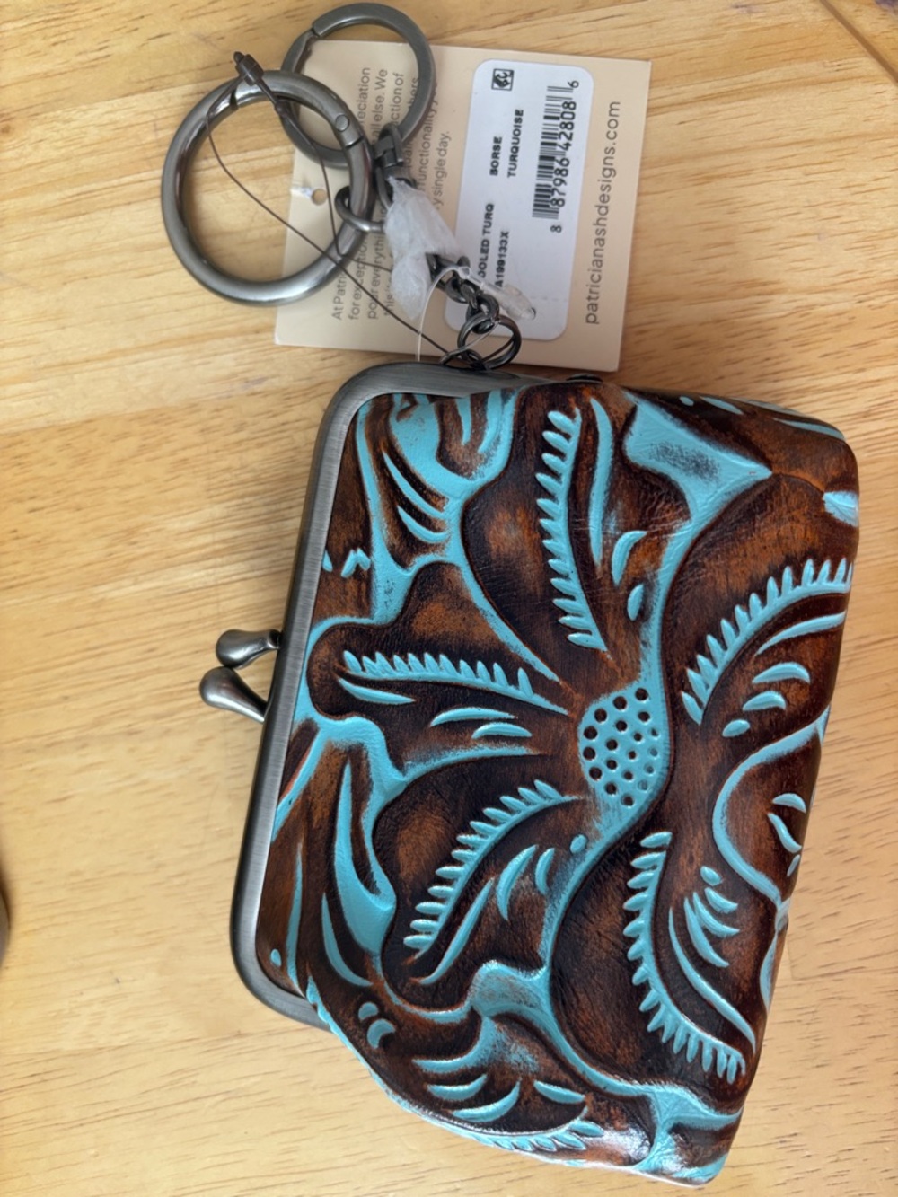 Turquoise Tooled Leather Kiss-Lock Coin Purse Keychain